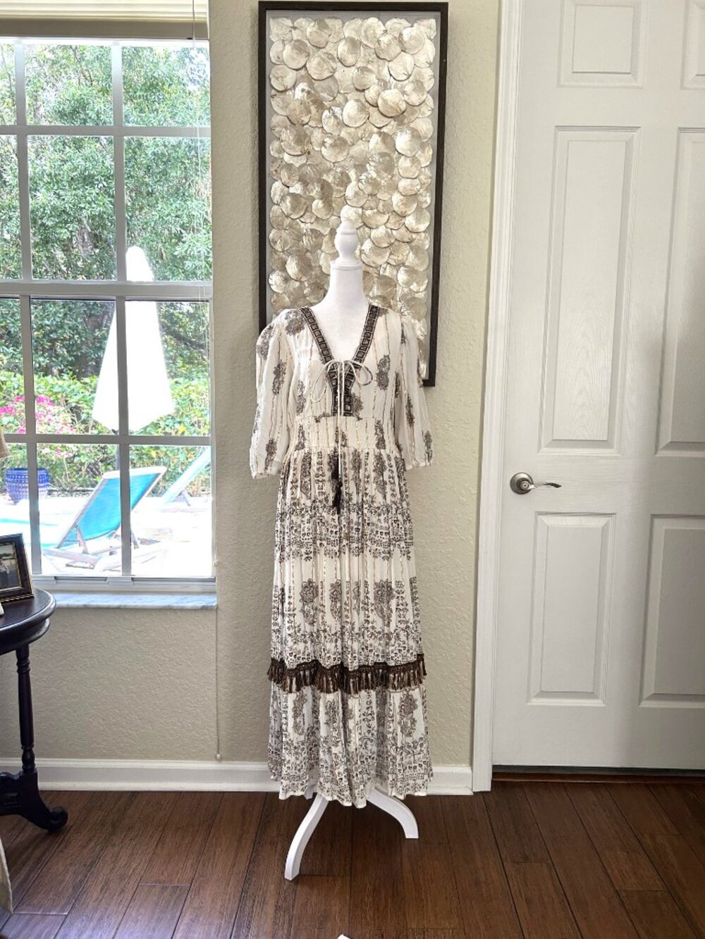 NWT Gold Threaded & Fringed Maxi Boho Maxi Dress